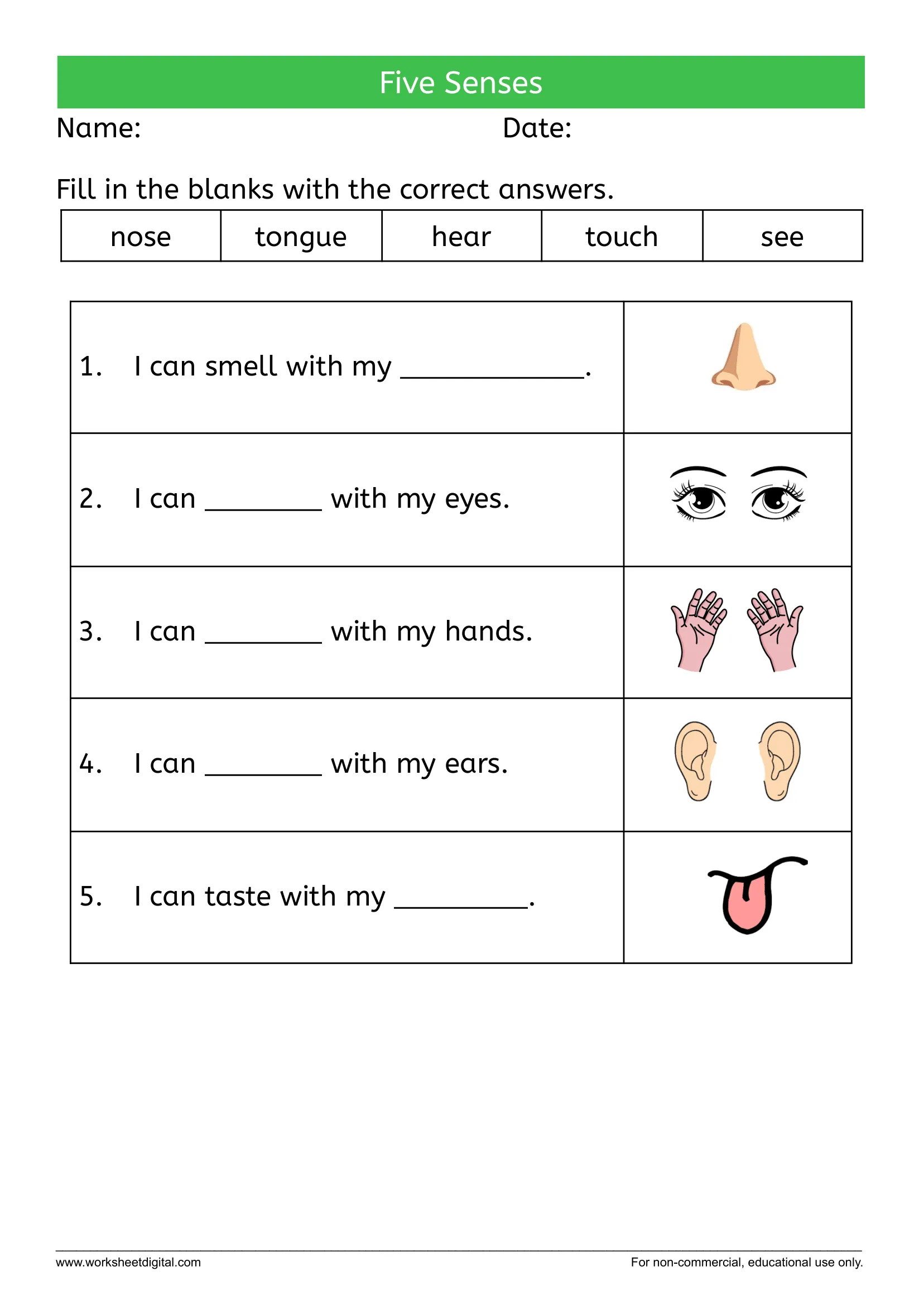 Colorful worksheet featuring illustrations of the five senses and various emotional expressions for preschoolers