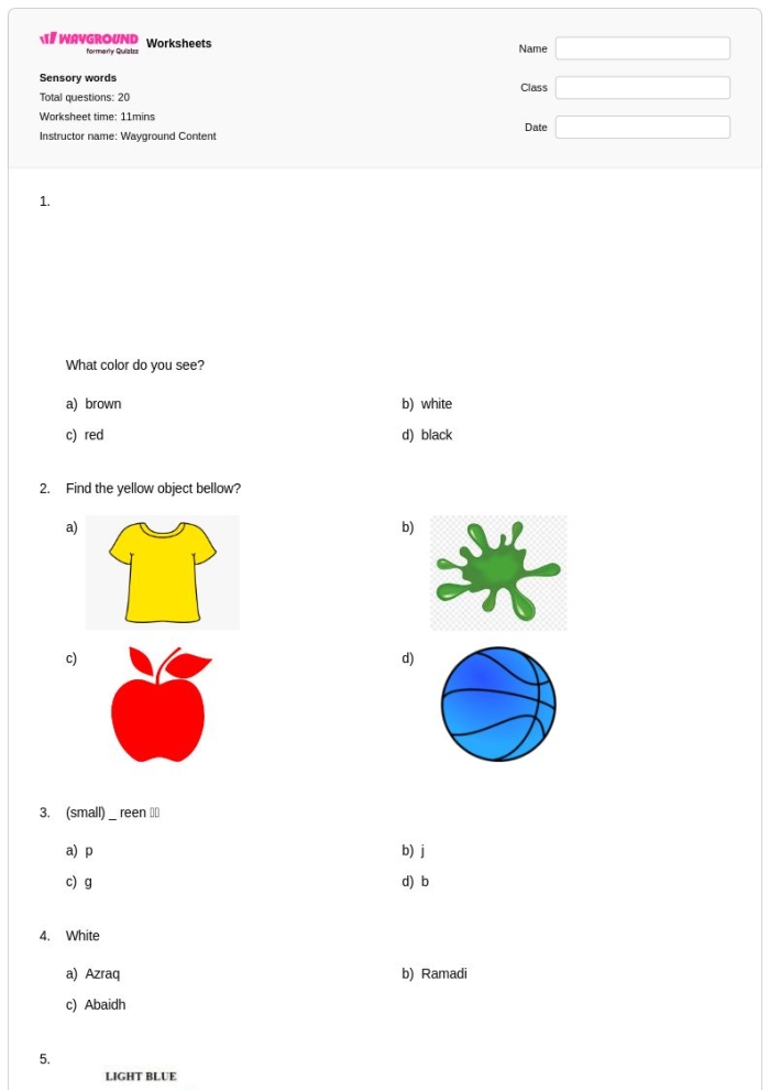 Worksheet image demonstrating sensory words and adjective sorting activities for young writers Sensory Words worksheet for second graders focusing on sorting adjectives by their corresponding senses