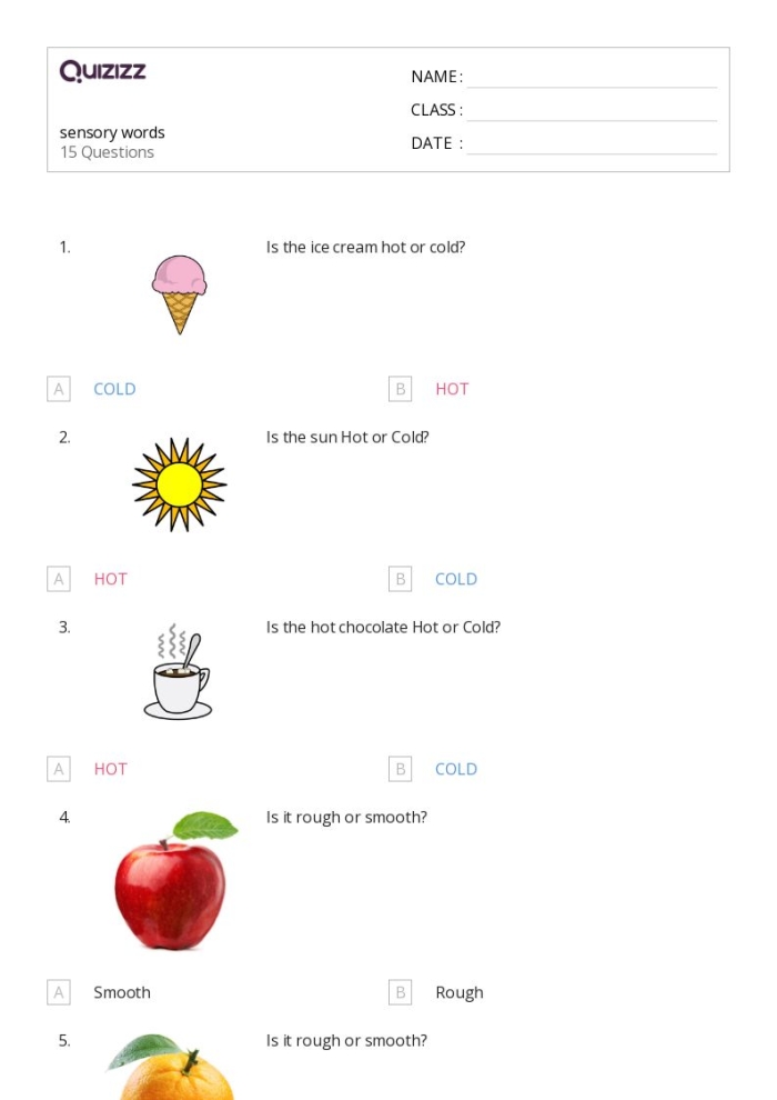 Worksheet image demonstrating sensory word sorting for young writers Sensory Words worksheet for second graders to sort adjectives by senses