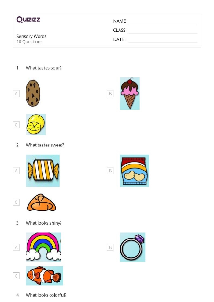 Interactive worksheet helping second graders explore sensory adjectives in writing Sensory Words worksheet for sorting adjectives by senses for second-grade students