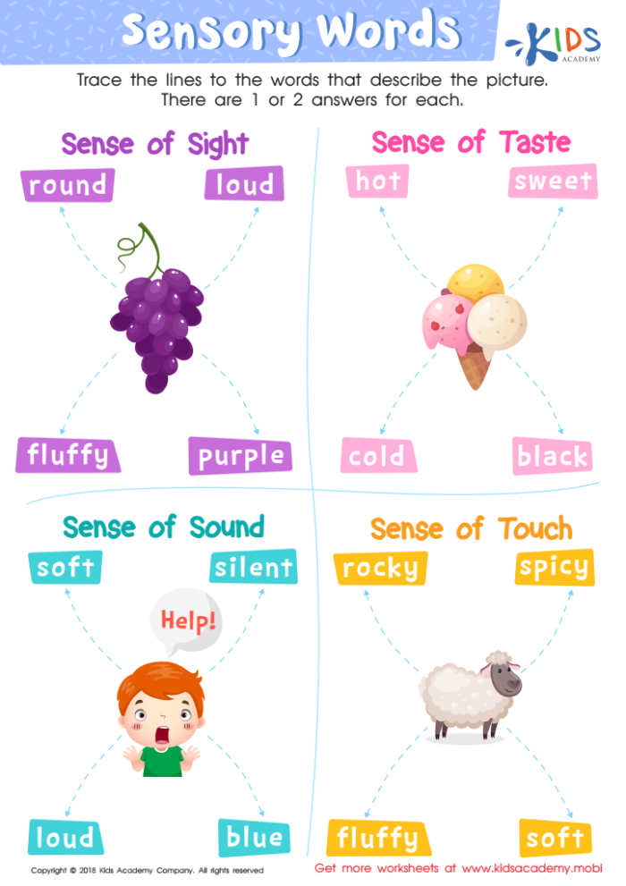Engaging worksheet to help young writers explore sensory vocabulary Sensory Words worksheet for second graders focusing on sorting adjectives by senses