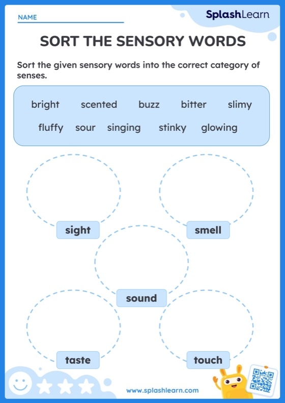 Engaging worksheet to help young writers explore sensory language Sensory Words worksheet for second graders focusing on sorting adjectives by senses