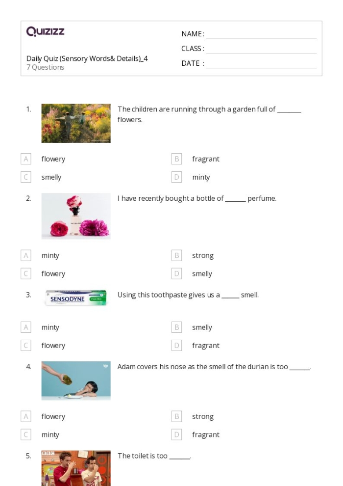 Engaging worksheet image illustrating sensory words for young writers Sensory Words worksheet for second graders focusing on sorting adjectives by sense