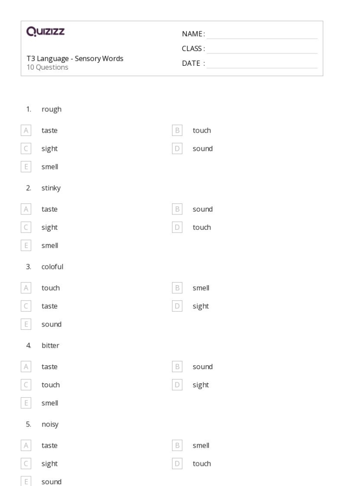 Educational activity image for teaching sensory words in second grade writing Sensory Words worksheet designed for second graders to sort adjectives by senses