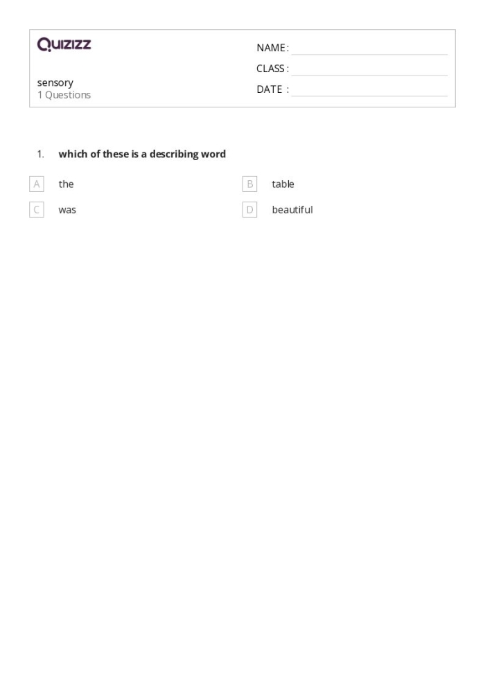 Worksheet image illustrating sensory words, designed for second-grade students Sensory Words worksheet for second graders featuring sorting adjectives by senses