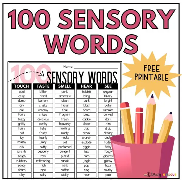 Worksheet image featuring sensory words for enhancing writing skills in grade two Sensory Words worksheet for second graders focusing on sorting adjectives by senses