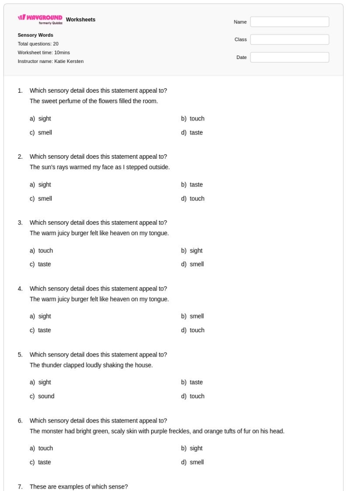 Engaging worksheet to help students learn about sensory language and its application in writing Sensory Words worksheet for second graders featuring sorting activities for adjectives by senses