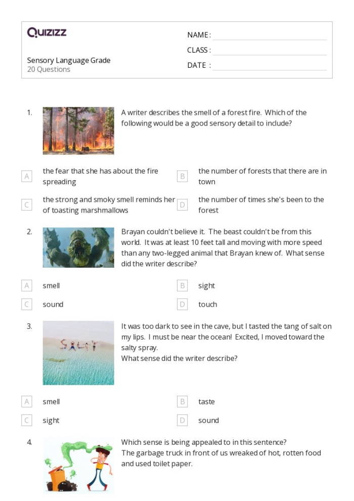 Engaging worksheet designed to enhance sensory vocabulary in young writers Sensory Words worksheet for second graders focusing on sorting adjectives by senses