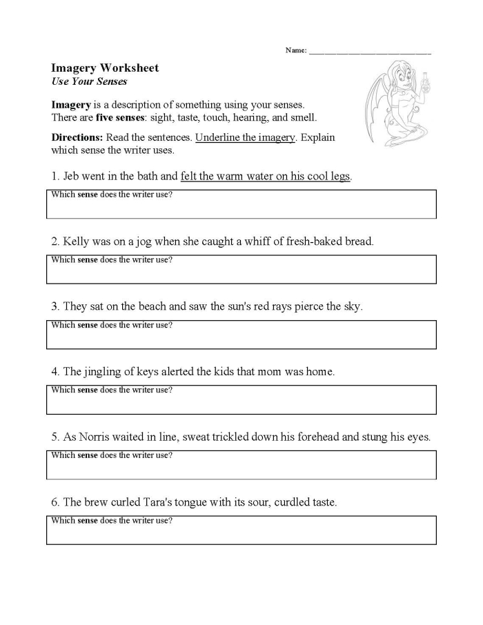 Worksheet image illustrating sensory words for young writers in second grade Sensory Words worksheet for second graders focusing on sorting adjectives by senses