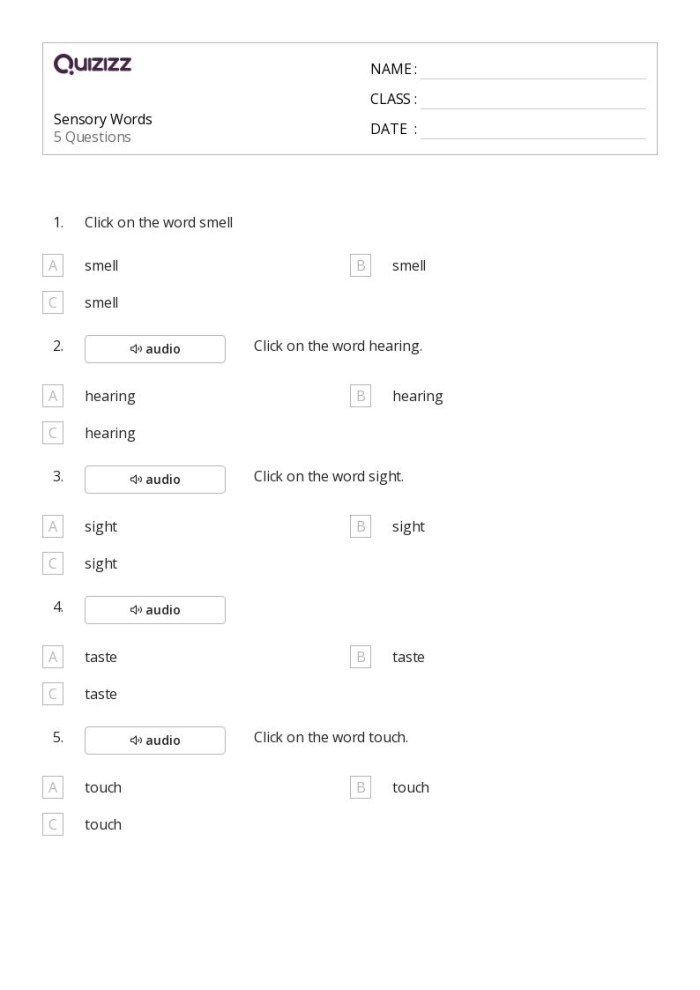 Interactive activity image for teaching sensory words in an engaging way Sensory Words worksheet for second graders focusing on sorting adjectives by senses