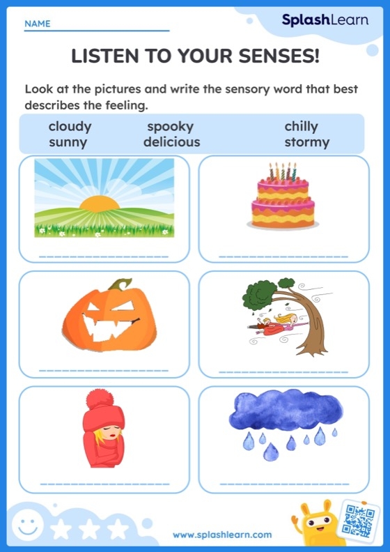 Worksheet image illustrating sensory words for enhancing writing skills in third grade Sensory Words worksheet for second graders focusing on sorting adjectives by senses