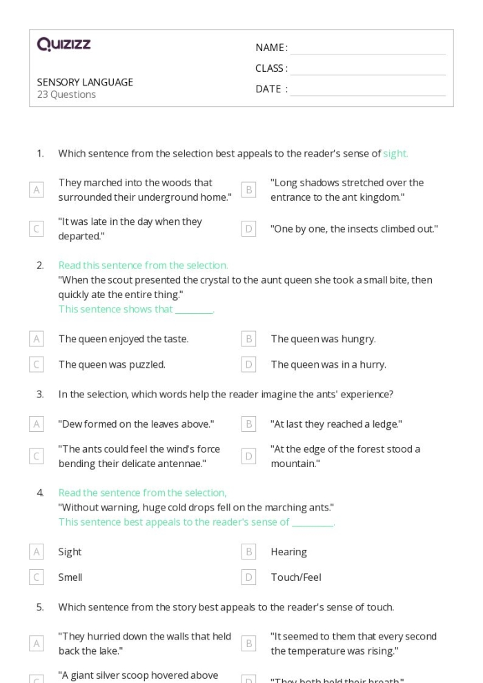 Sorting adjectives by senses in the Sensory Words worksheet for second grade Sensory Words worksheet for second graders focusing on sorting adjectives by senses