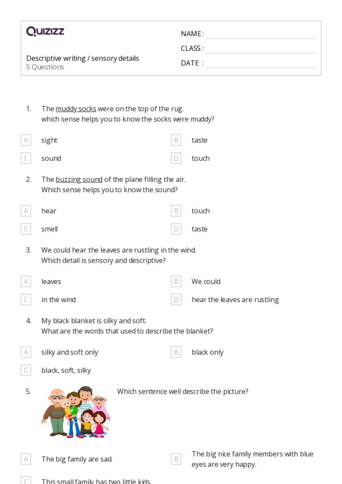 Worksheet image illustrating sensory word categorization for third-grade writing activities Sensory Words worksheet for second graders focusing on sorting adjectives by senses