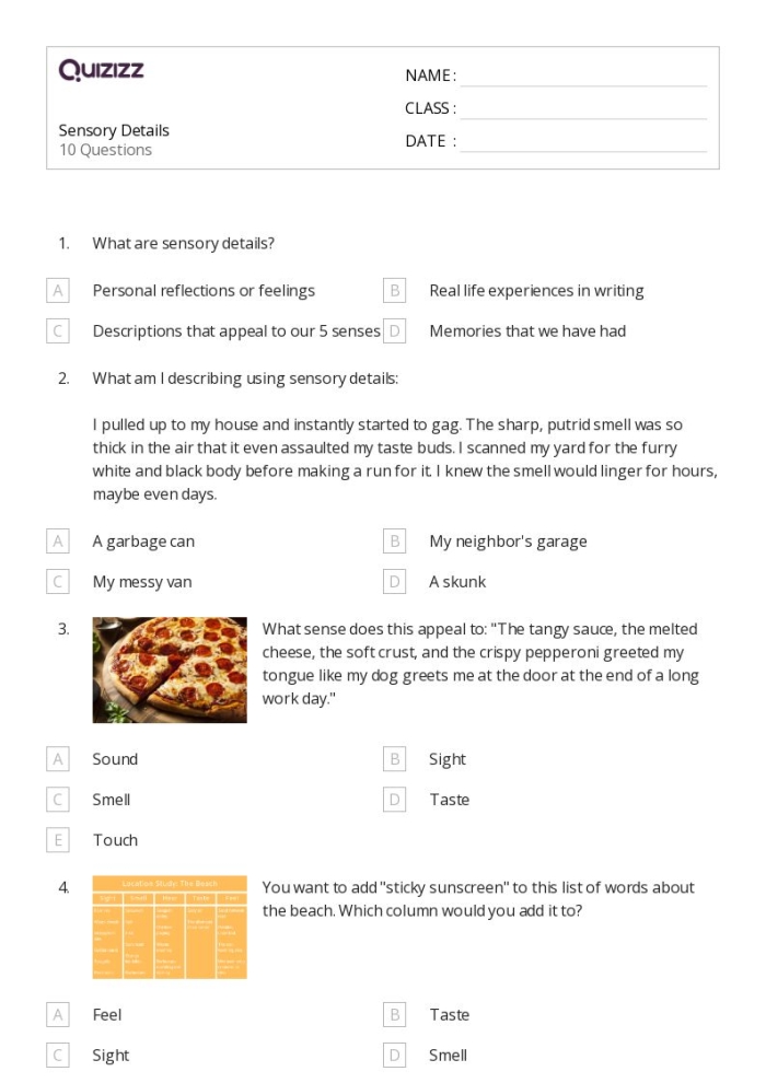 Worksheet image featuring activities on sensory words for grade two students Sensory Words worksheet for second graders focusing on sorting adjectives by senses
