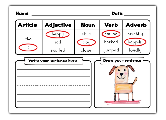 Beginning Grammar: Building Sentences Practice Activity 17 First grade grammar worksheet showing sentence building exercises with subjects and predicates for young learners
