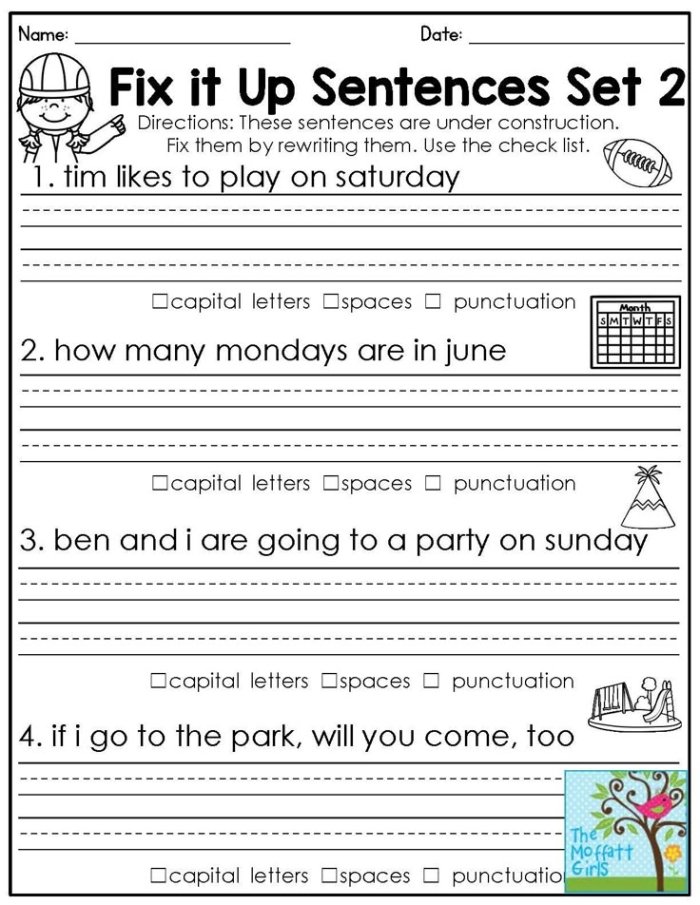 Engaging worksheet image to enhance reading and writing abilities in young learners Sentence Fixer worksheet for second graders focusing on grammar correction and punctuation skills