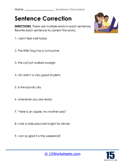 Reading worksheet for Second Grade Sentence Fixer worksheet for second graders focusing on grammar correction skills. Engaging activity to enhance capitalization, punctuation, and dialogue usage.