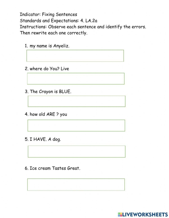 Engaging image of a worksheet focused on correcting sentences for young learners Sentence Fixer worksheet designed for second graders to improve grammar and punctuation skills