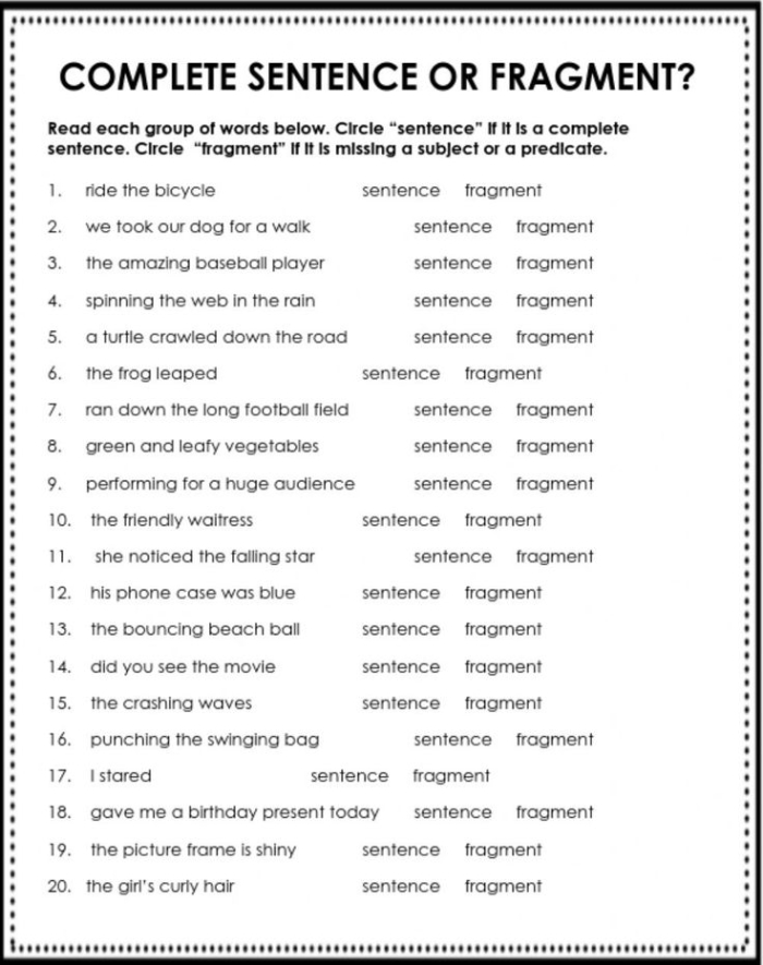 Sentence or Fragment Grammar Worksheet for 2nd Grade Page 4 Second grade students practicing grammar by identifying sentences and fragments on a worksheet