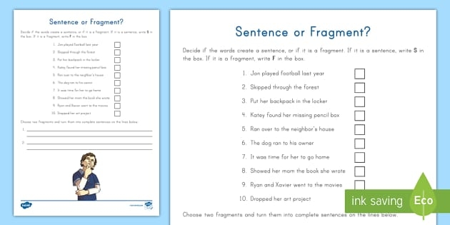 Recognizing sentence fragments: Engage with the worksheet activity Worksheet for identifying sentence fragments and rewriting them for fourth graders