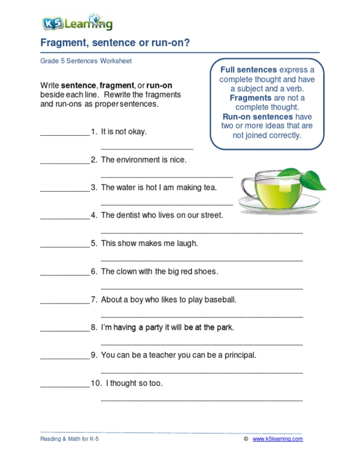 Sentence or Fragment Activity Sheet for Elementary Grammar Practice Second grade grammar worksheet showing phrases for students to identify as complete sentences or fragments