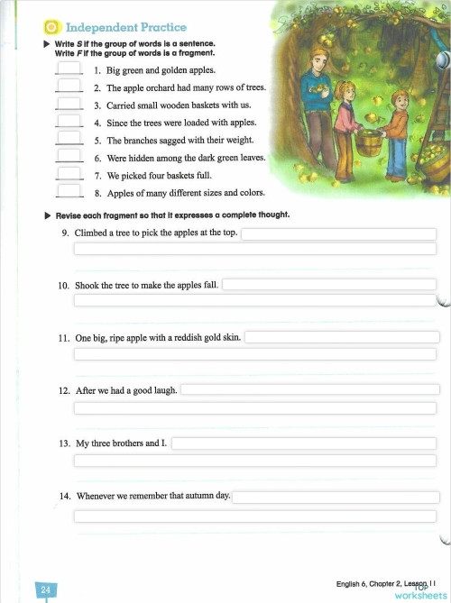 Recognize a Fragment When You See One Exercise 14 Fourth grade reading worksheet focused on identifying and fixing sentence fragments