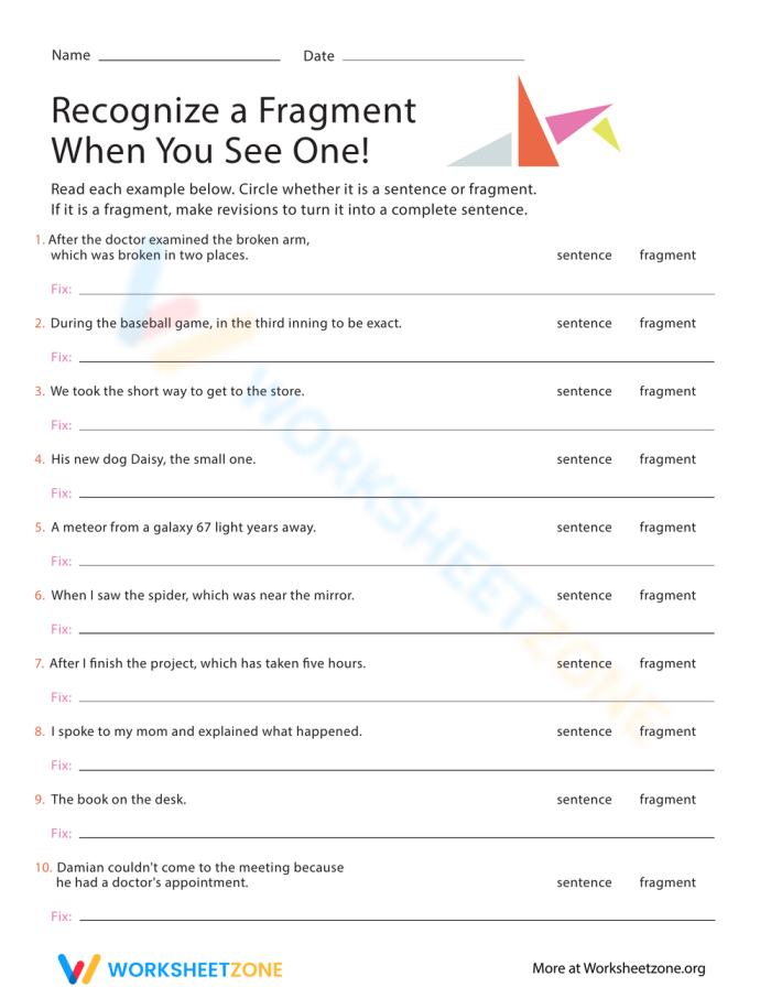 Recognizing sentence fragments and rewriting them into complete sentences activity image Worksheet for identifying sentence fragments in reading exercises for fourth graders