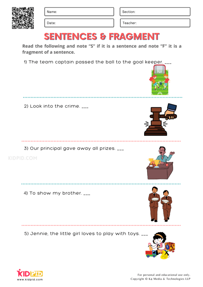 Sentence or Fragment Practice Worksheet for Grade 2 Grammar Lesson 11 Second grade students identifying sentence or fragment examples on a grammar worksheet
