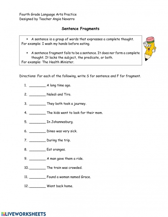 Sentence or Fragment Activity Sheet for Elementary Grammar Practice Second grade grammar worksheet showing phrases for students to identify as complete sentences or fragments