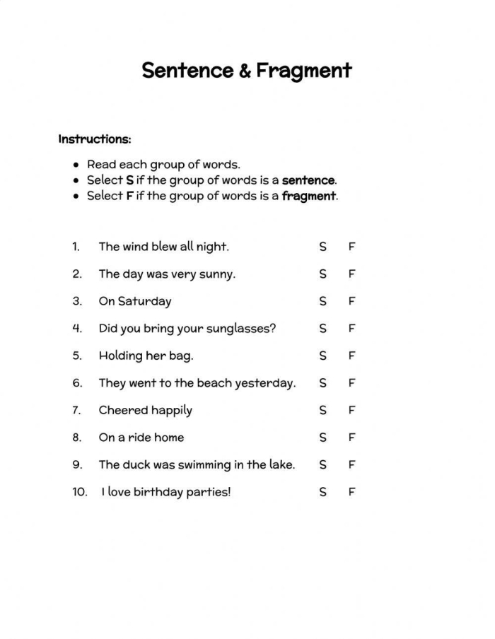 Sentence or Fragment Geometry Worksheet for Grade Two Second grade students practicing identifying sentences and fragments on a geometry themed grammar worksheet