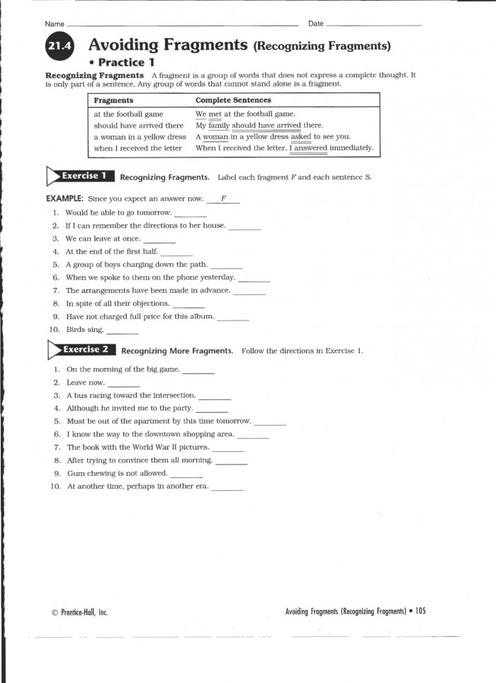 Reading worksheet for Fourth Grade Worksheet featuring the title "Recognize a Fragment When You See One!" for fourth-grade reading practice. Educational resource to help students identify and correct sentence fragments.