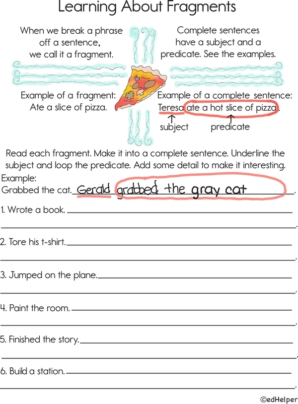 Grammar Practice Activity: Completing Sentence Fragments for Young Learners Second grade student completing a sentence fragments worksheet by adding missing subjects or predicates to incomplete sentences