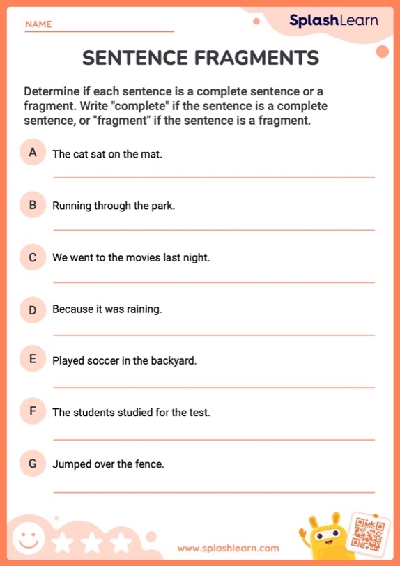Sentence Fragments to Complete Sentences Activity 9 Second grade grammar worksheet showing sentence fragments with missing subjects or predicates for students to complete