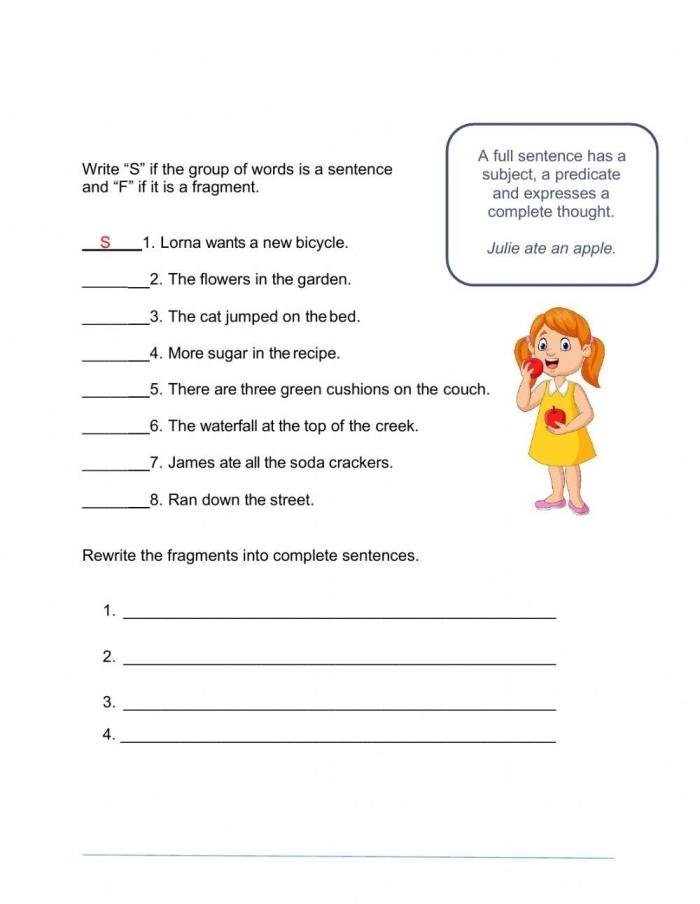 Sentence or Fragment Grammar Worksheet for Second Grade Students Second grade student completing a grammar worksheet about identifying sentences and fragments