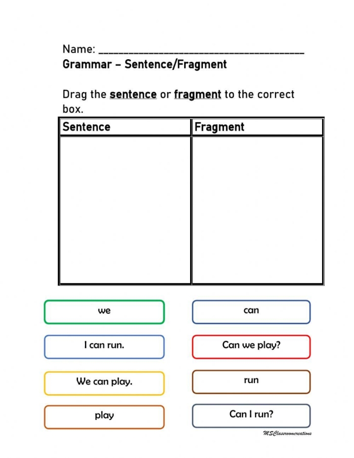 Second Grade Grammar Practice: Completing Sentence Fragments Activity A second grade student completing a grammar worksheet by adding missing subjects and predicates to sentence fragments