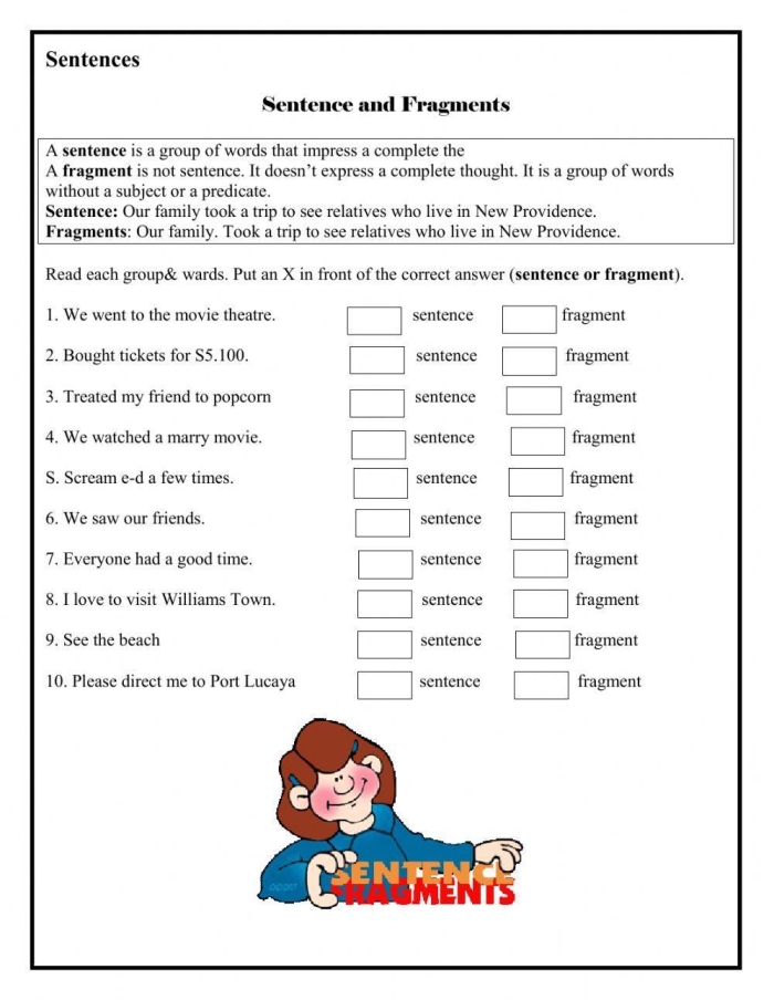 Sentence Fragments to Complete Sentences Activity Sheet 6 Second grade grammar worksheet focusing on turning sentence fragments into complete sentences