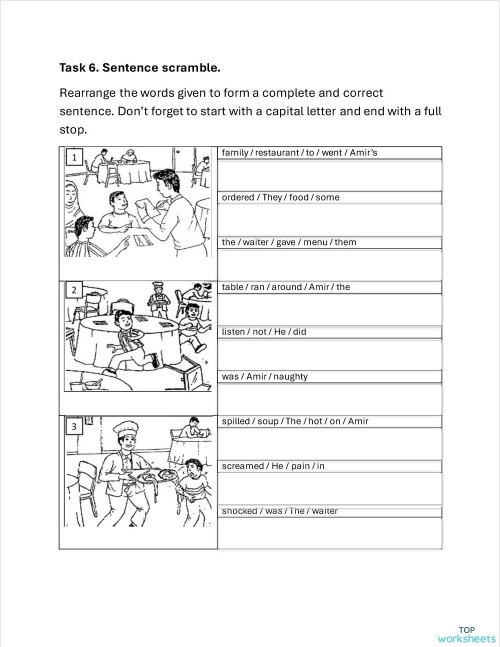 Second grade phonics sentence scramble worksheet with mixed up words for students to rearrange into proper sentences