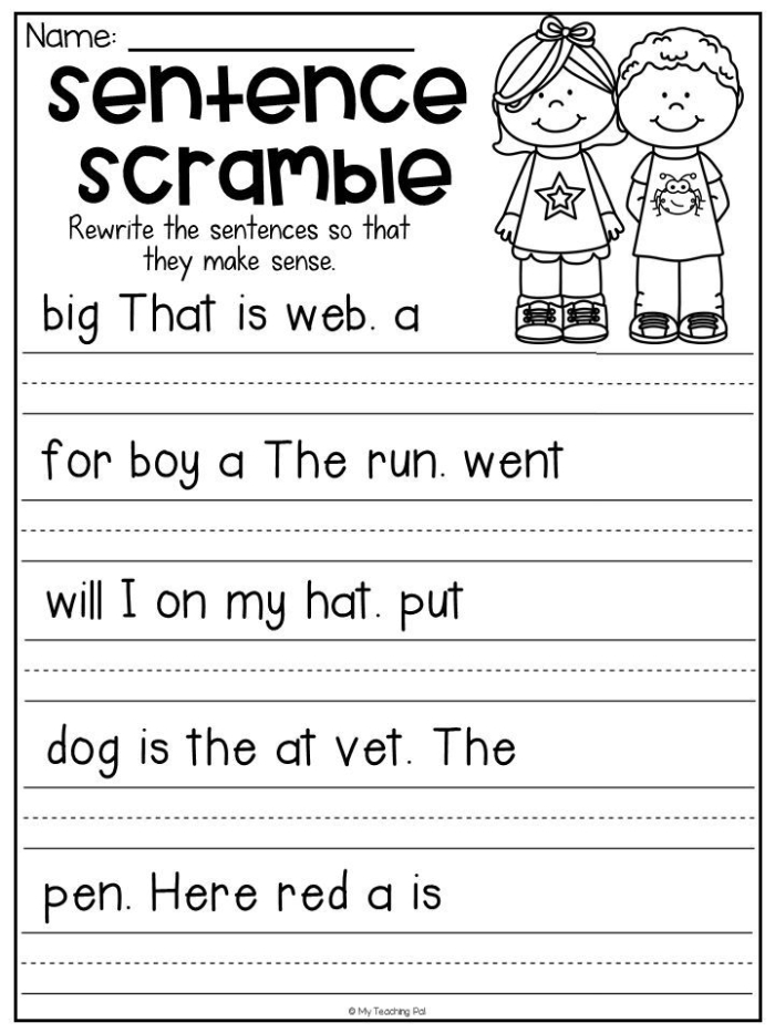Second grade phonics worksheet showing scrambled words that students arrange to build complete sentences