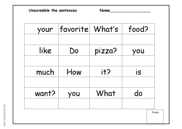 Second grade student unscrambling words to build complete sentences with correct structure and punctuation