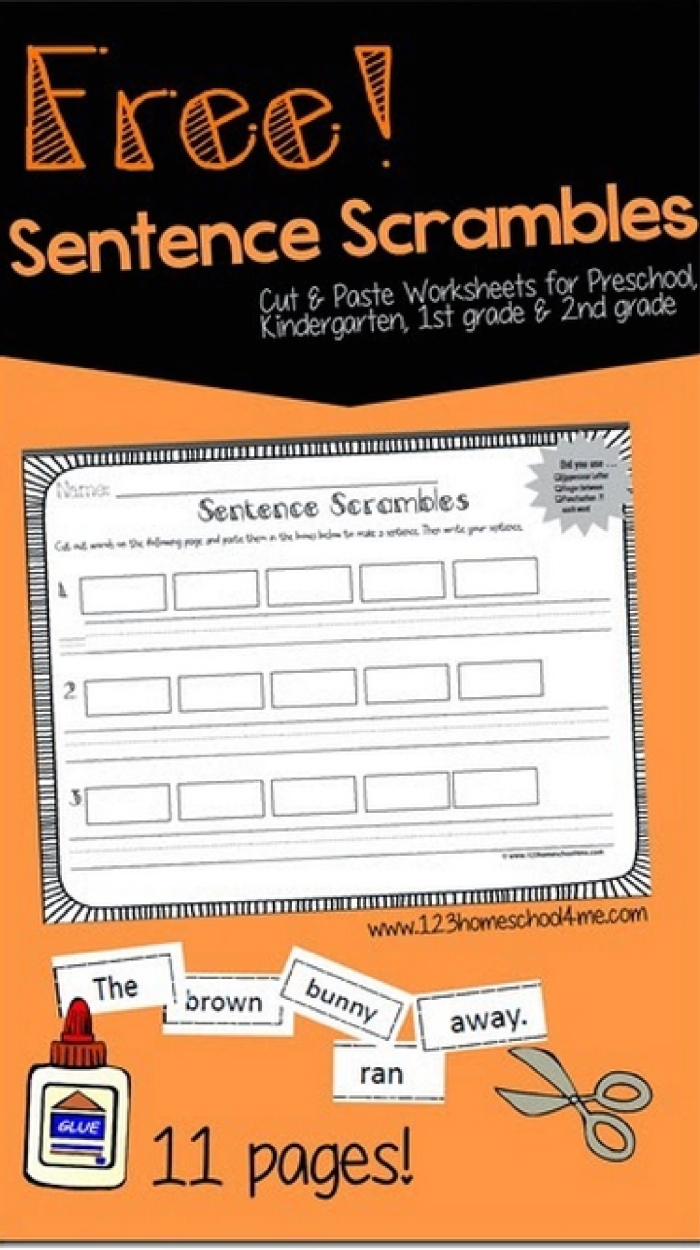 Second grade phonics worksheet showing scrambled words that students arrange to build complete sentences