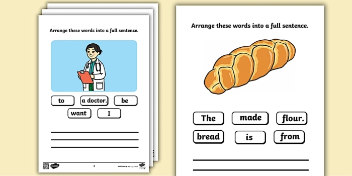Second grade phonics worksheet showing scrambled words that students unscramble to build complete sentences and practice sentence structure skills