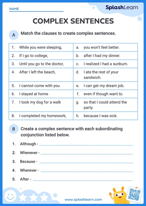 Worksheet for identifying simple, compound, and complex sentences in grammar.