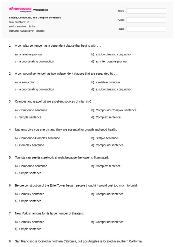 Fifth grade grammar worksheet focused on identifying simple compound and complex sentences