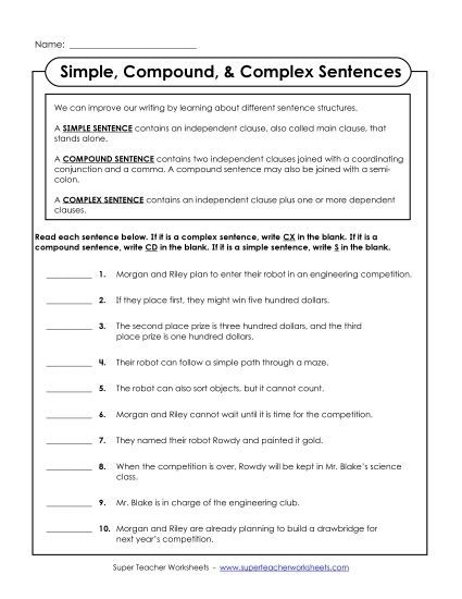 Worksheet for identifying simple, compound, and complex sentences in grammar.
