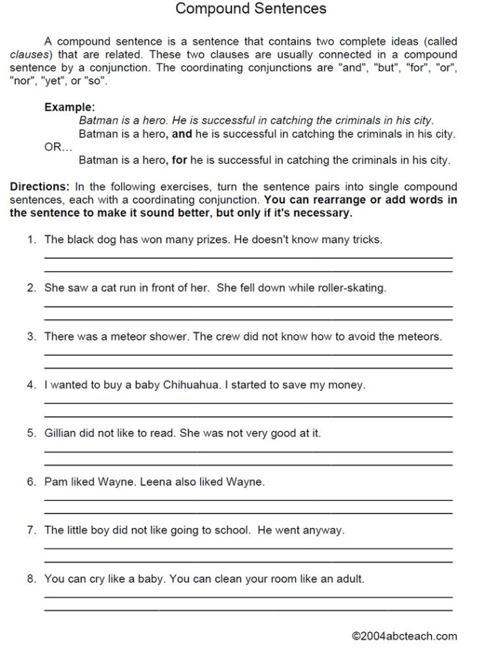 Worksheet for identifying simple, compound, and complex sentences in grammar.