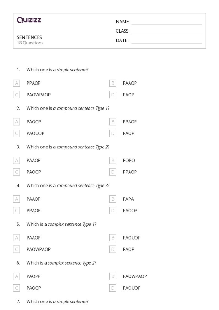 Seventh grade grammar worksheet focusing on identifying simple, compound, complex, and compound-complex sentence structures