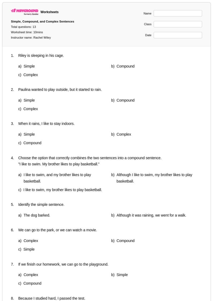 Seventh grade students completing a worksheet on identifying simple compound complex and compound-complex sentences
