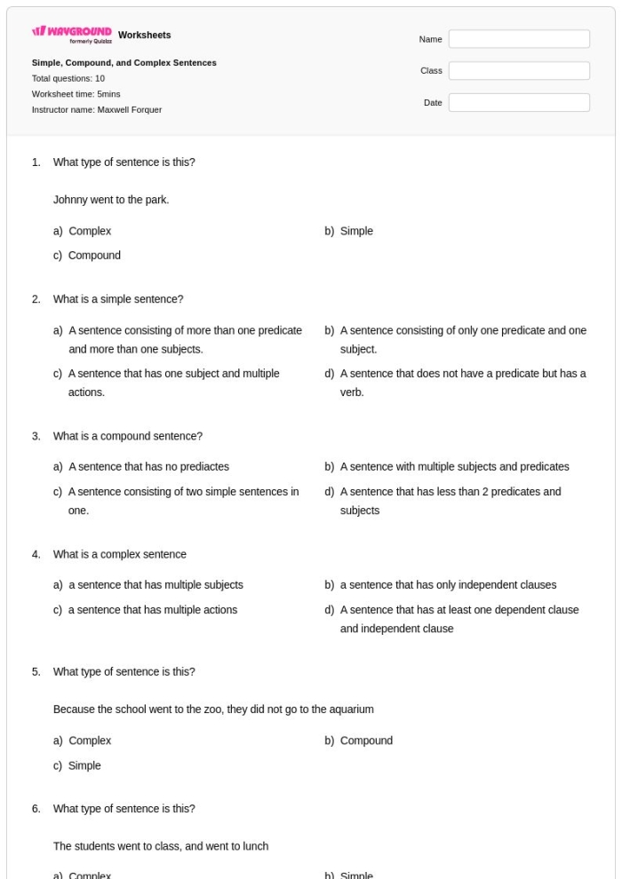 Fifth grade grammar worksheet focused on identifying simple, compound, and complex sentence structures