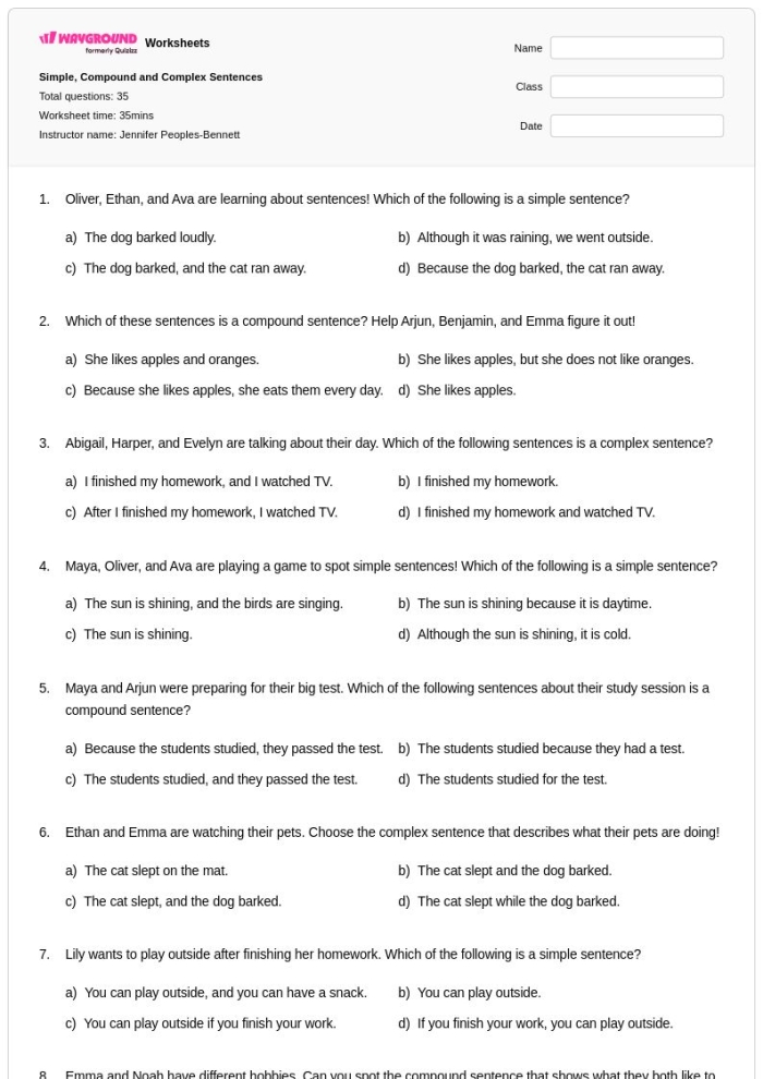 Fifth grade grammar worksheet focused on identifying simple compound and complex sentence structures