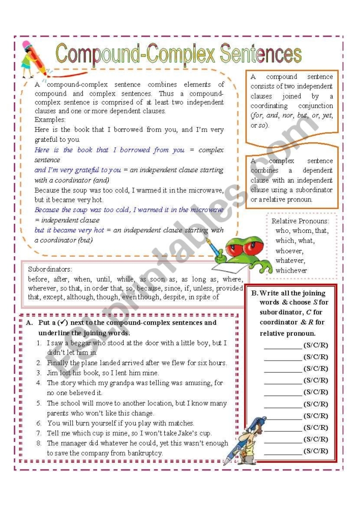 Seventh grade grammar worksheet focusing on classifying simple, compound, complex, and compound-complex sentences